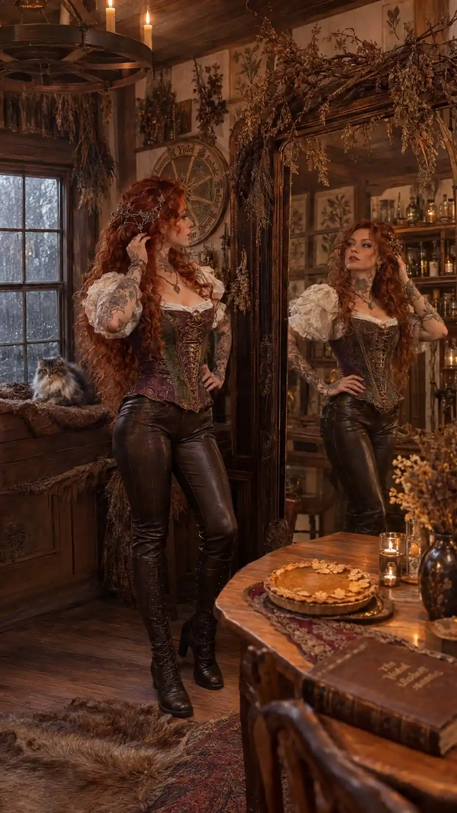 Red haired woman adjusting silver hairpiece before rustic mirror