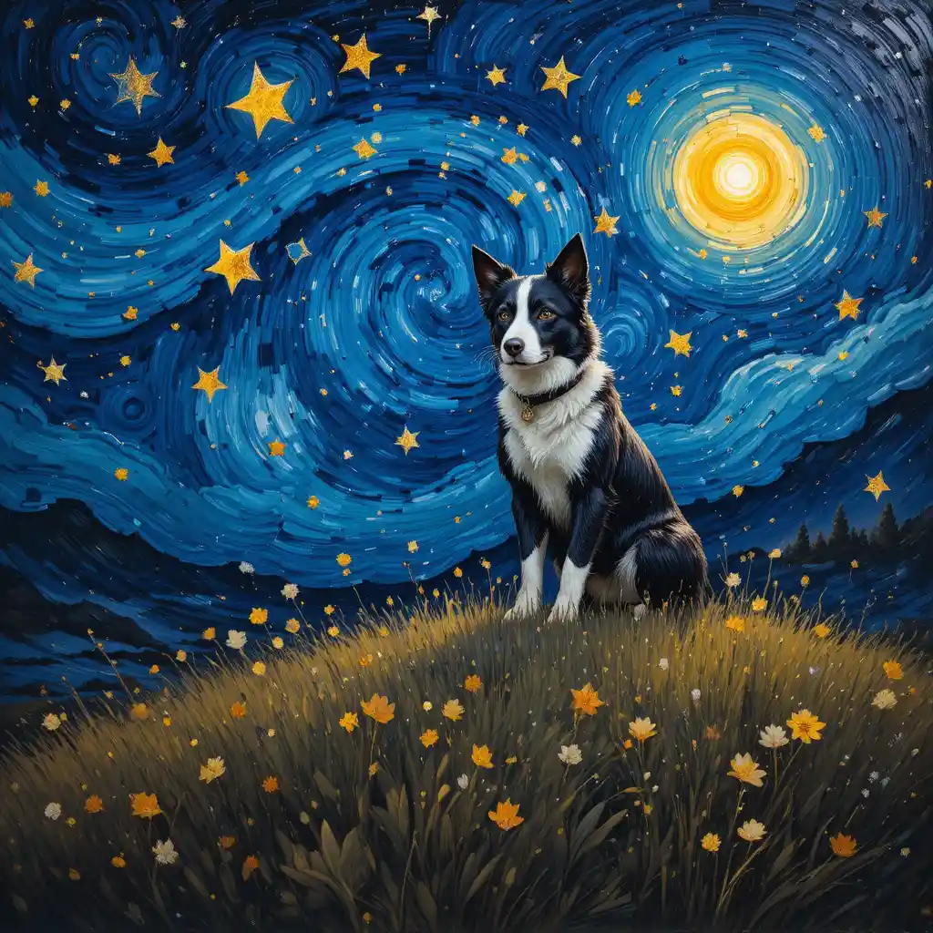 Border collie on a grassy hill under a swirling night sky