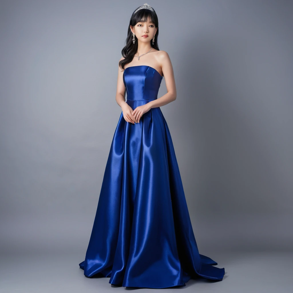 Elegant girl in royal blue strapless satin prom gown