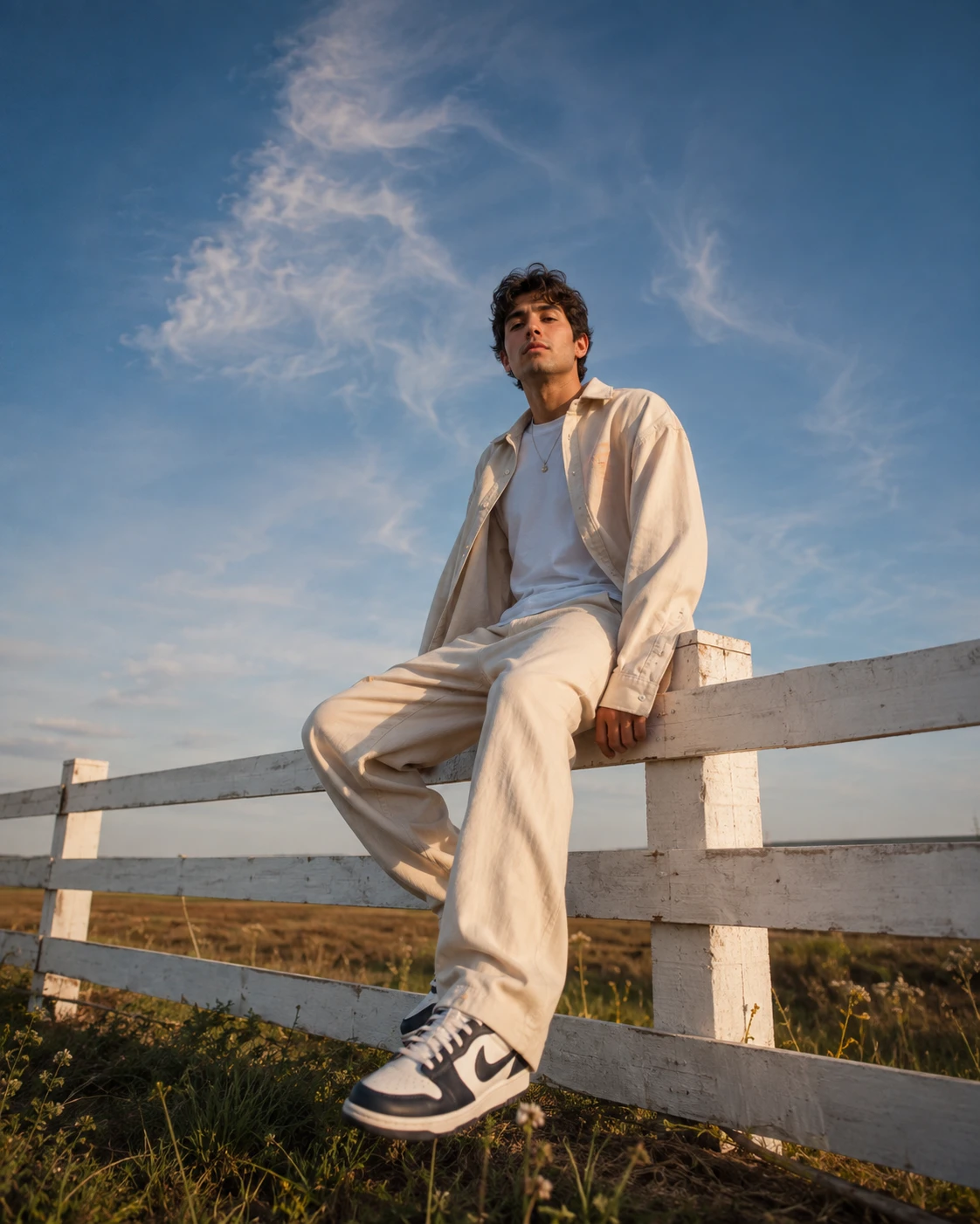 Joven elegante en una valla blanca bajo el cielo azul