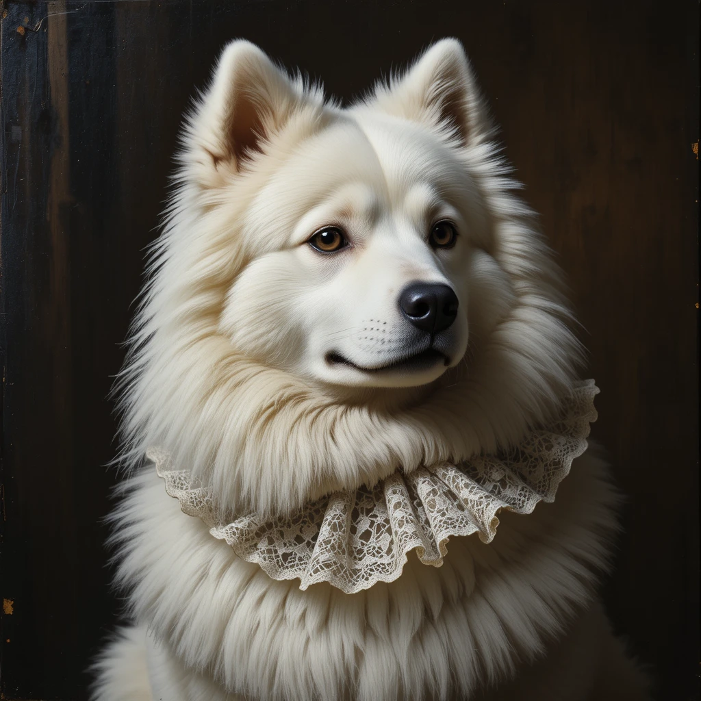 Portrait baroque d’un samoyède blanc avec col en dentelle