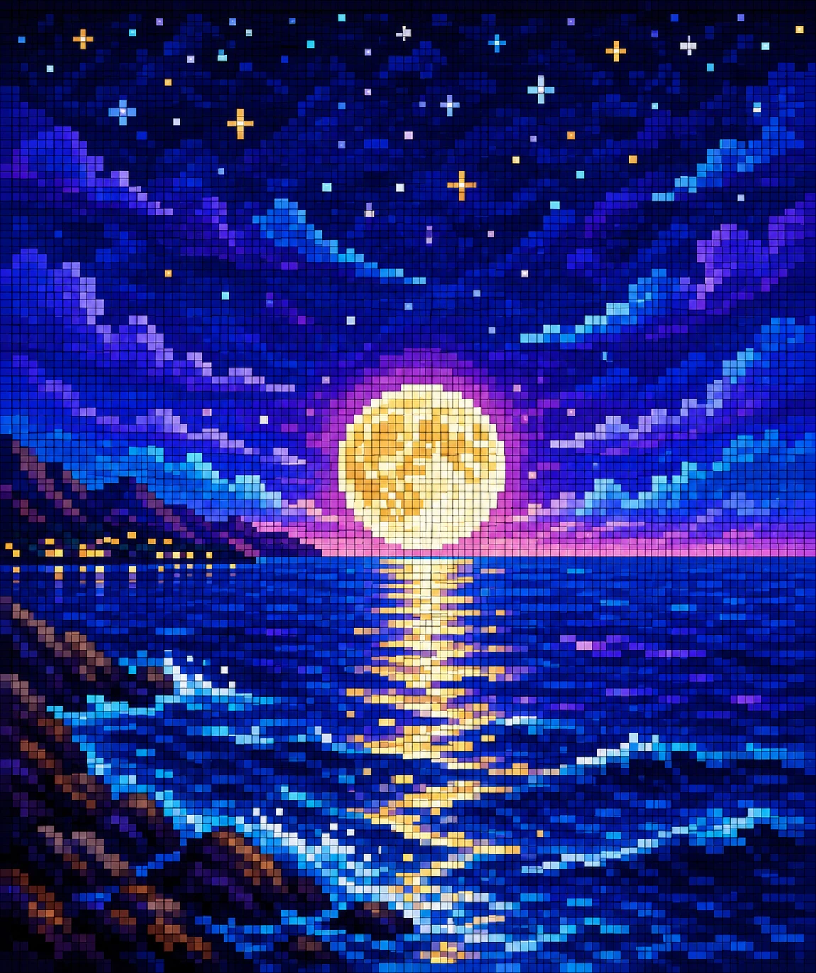 Pixelkunst-Mondaufgang über einem ruhigen tiefblauen Meer