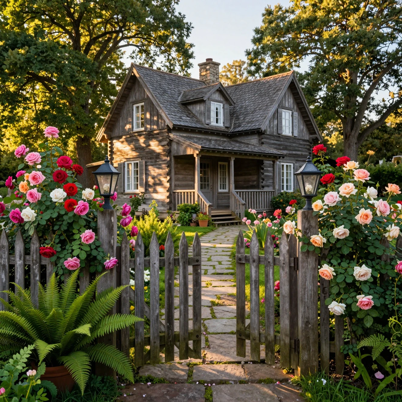 Cabaña rústica de madera en un exuberante jardín lleno de rosas