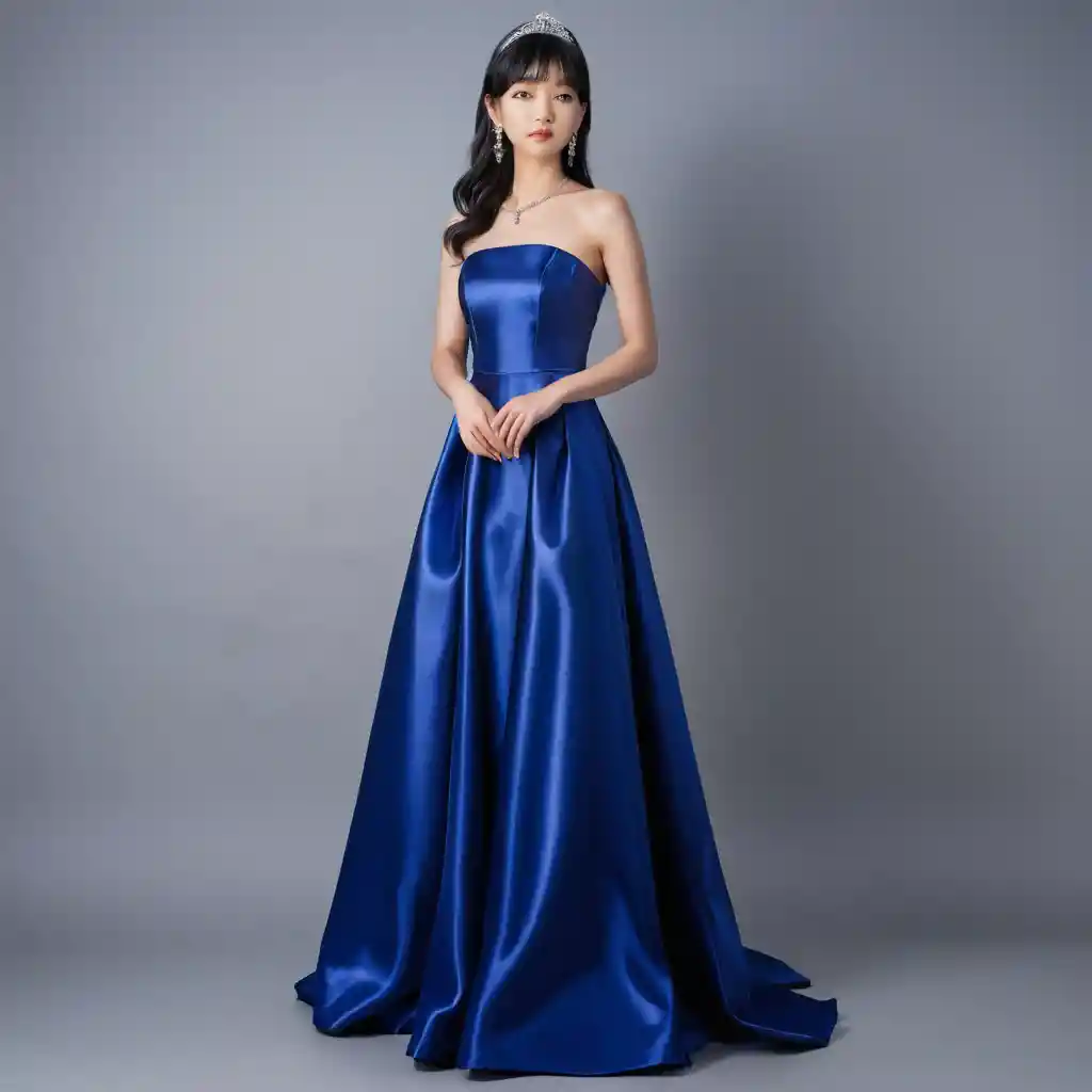 Ragazza elegante con abito da ballo in raso blu reale senza spalline