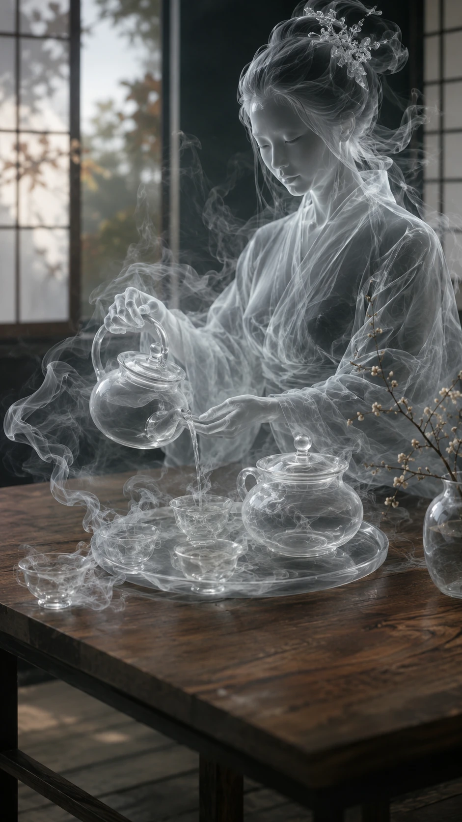 Ethereal smoke tea set on a wooden table