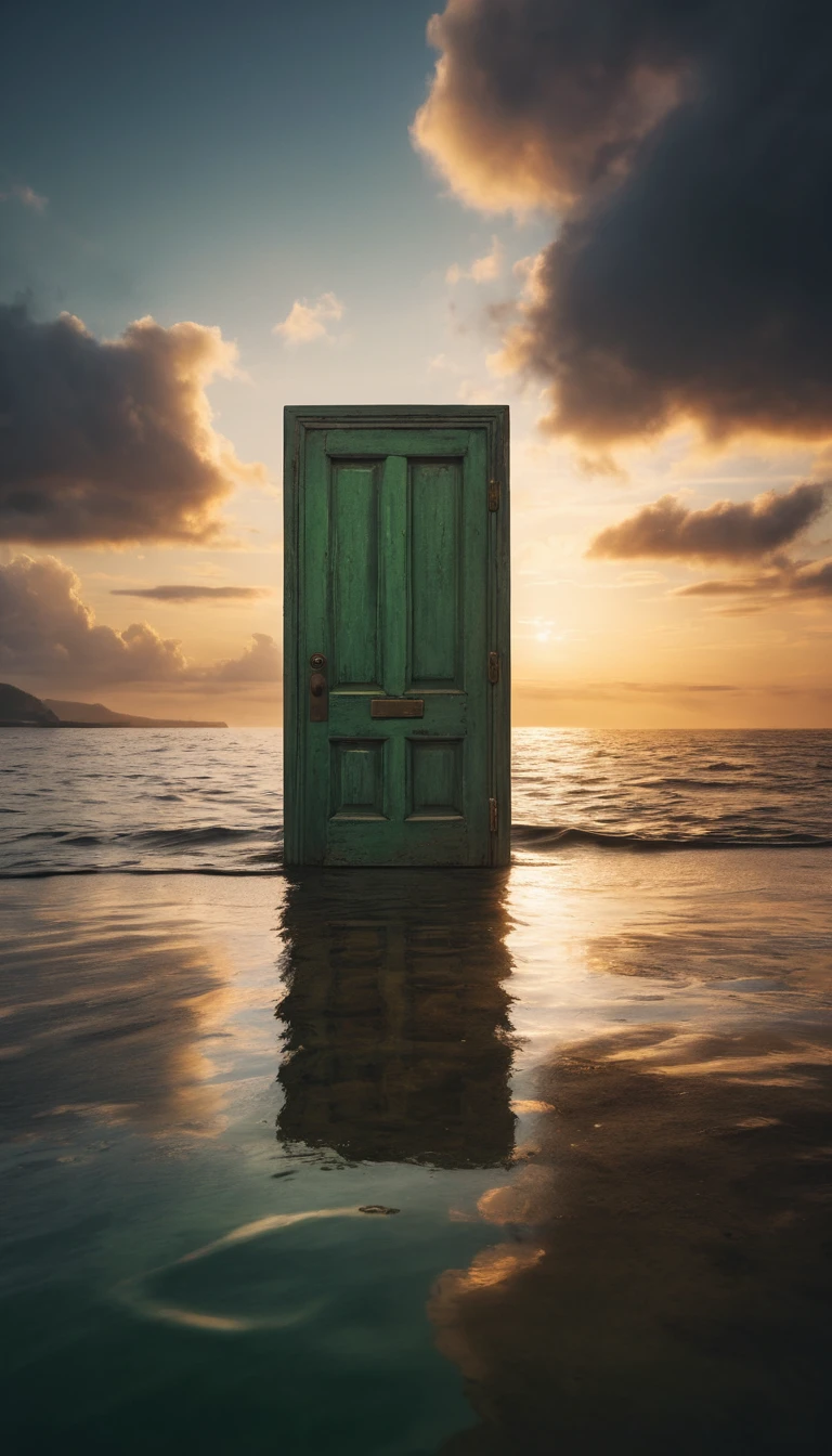 Puerta antigua sola en medio del océano