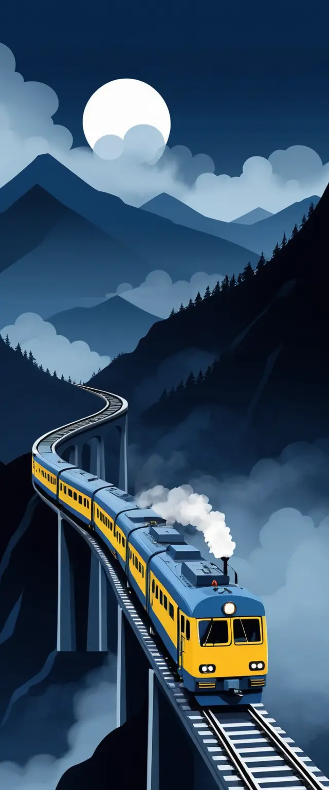 Niña deteniendo un tren azul oscuro en un puente nocturno con niebla