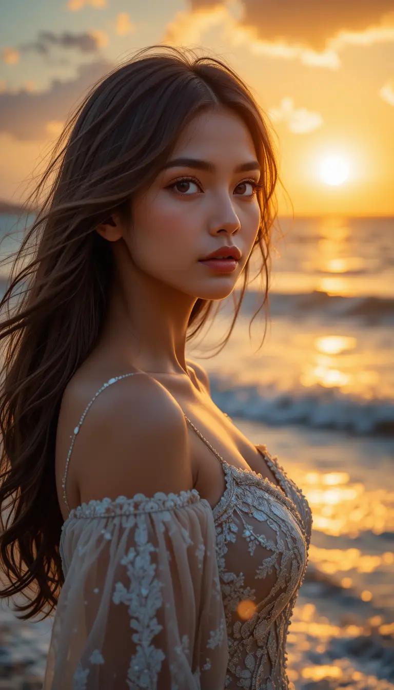Giovane donna in riva al mare al tramonto in visione cinematografica