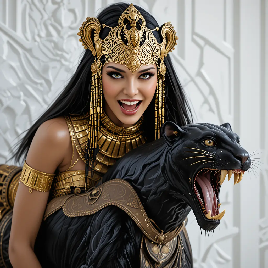 Mulher feroz de inspiração egípcia com pantera negra rosnando