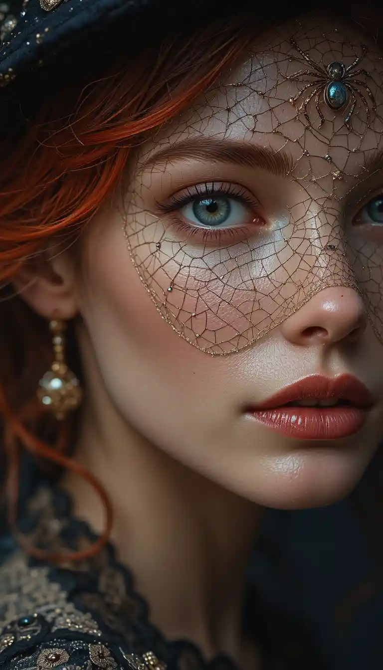 Red haired woman in hat with spider brooch portrait