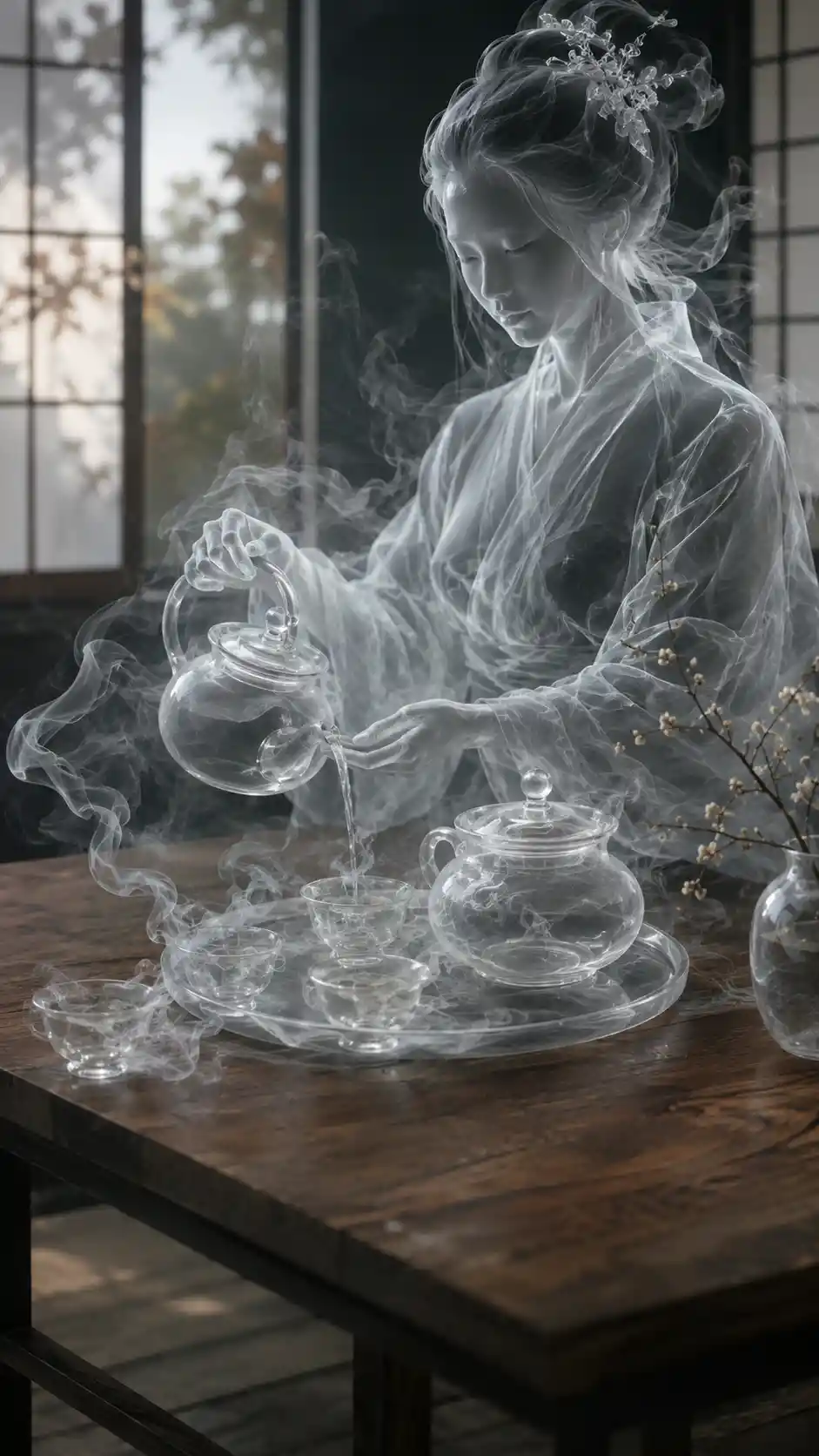 Ethereal smoke tea set on a wooden table