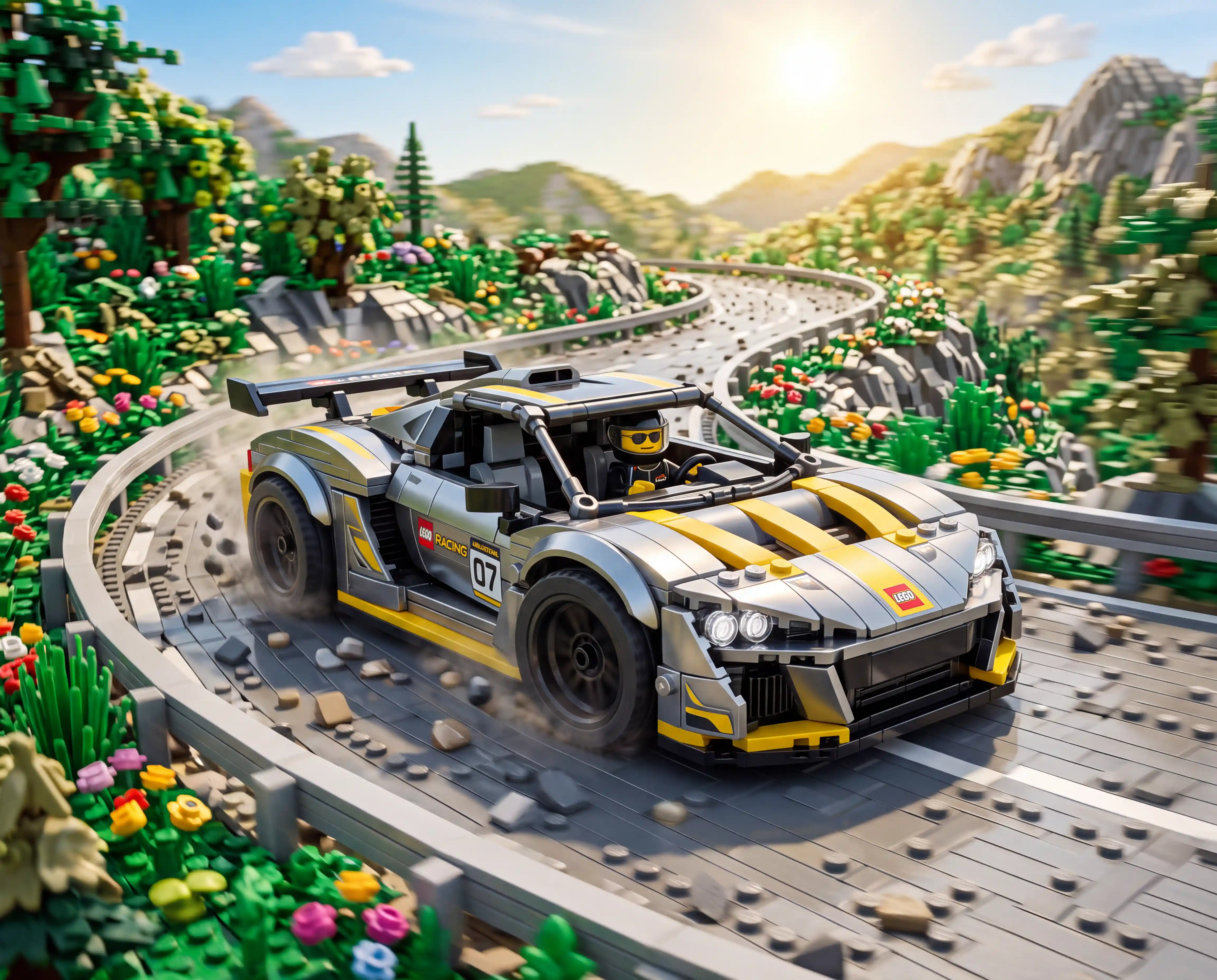 Supercoche de Lego corriendo por una soleada carretera de montaña