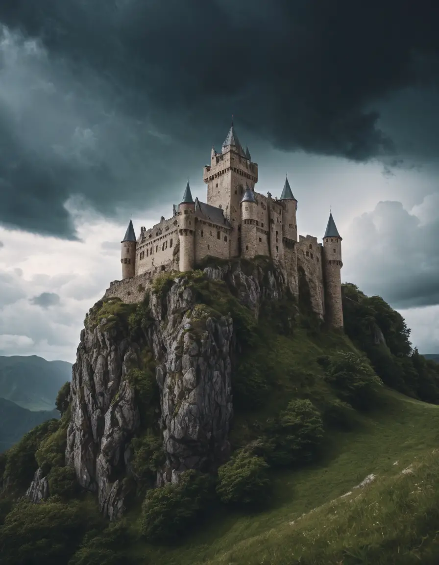 Castillo medieval en la cima de la montaña bajo un cielo tormentoso y dramático