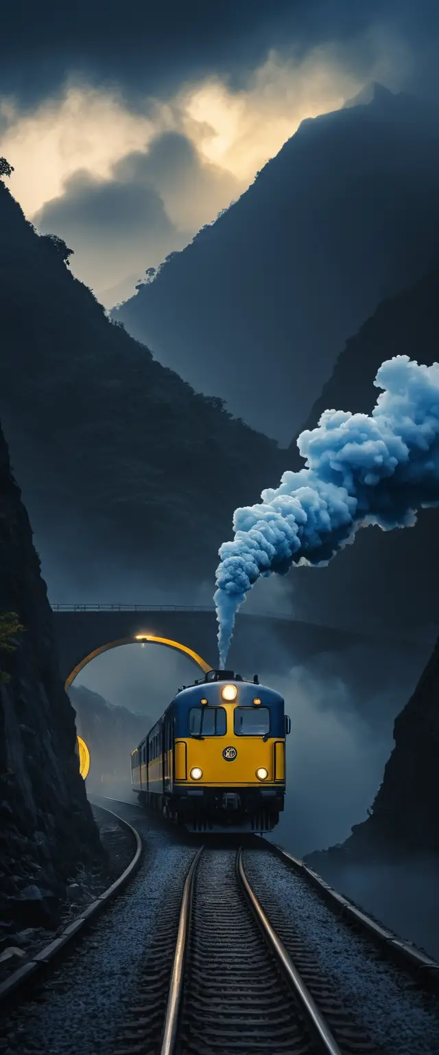 Girl raising her hand before a glowing night train