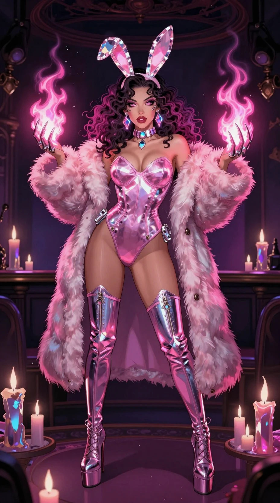 Bruja cibernética lanzando fuego rosa en un club nocturno oculto
