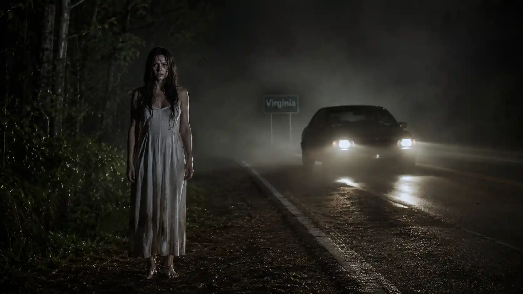 Jovem de vestido branco em rodovia com neblina à noite