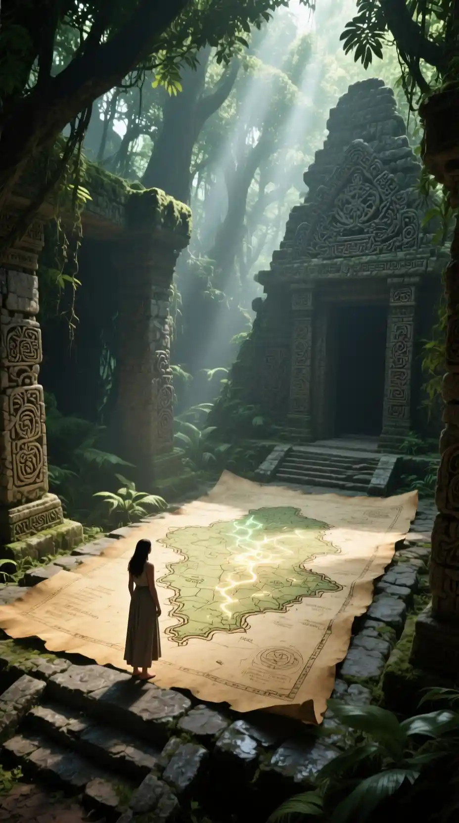 Mujer estudiando un antiguo mapa brillante en un templo de la jungla