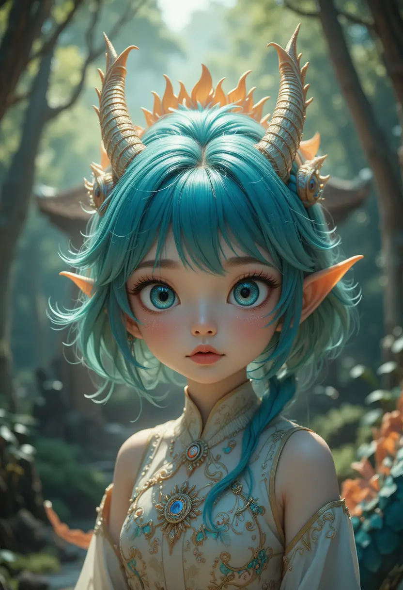 Chica anime chibi de cabello dorado frente a un dragón que hace una reverencia