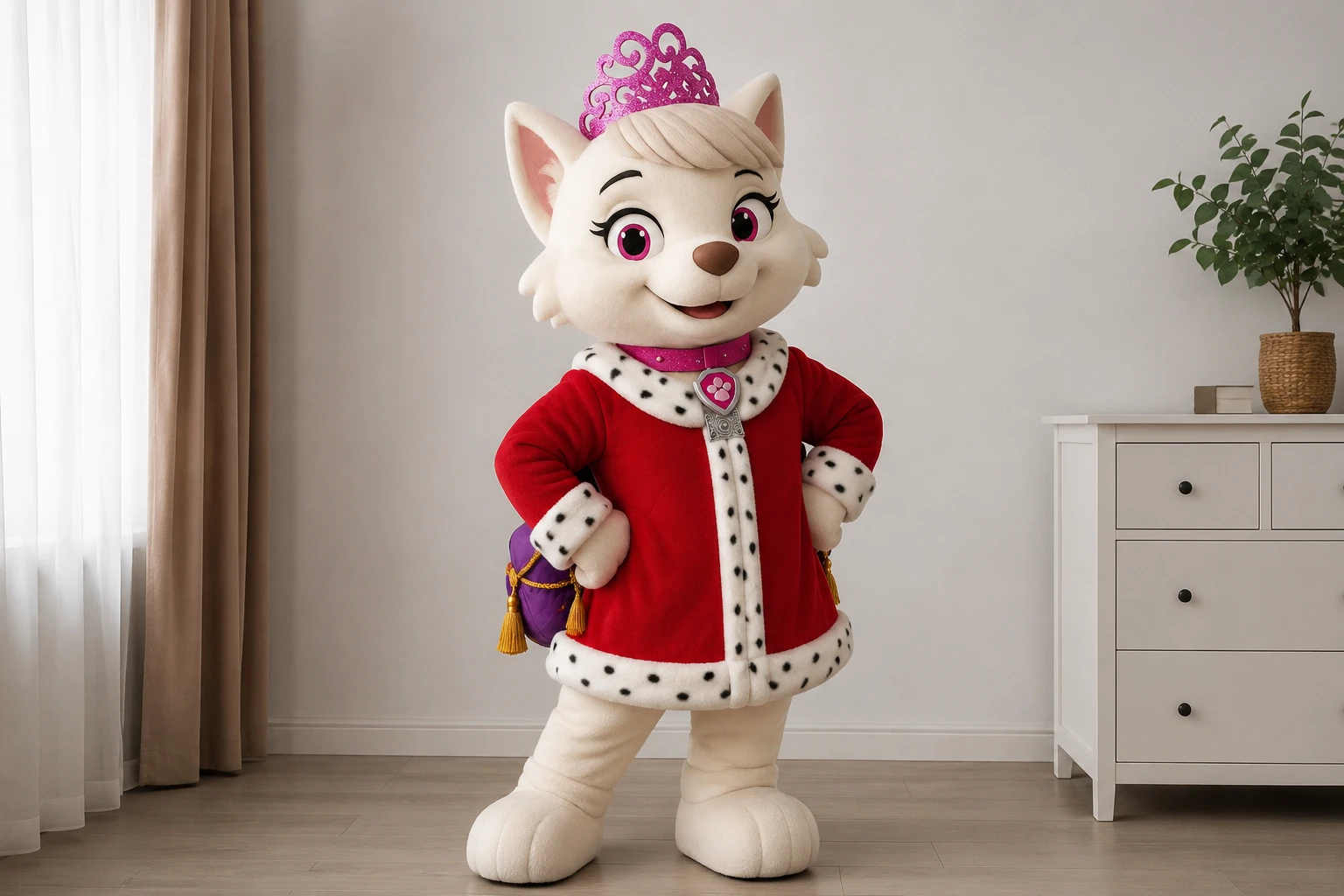 Hunde-Maskottchen-Prinzessin in einer weiten Kameraeinstellung