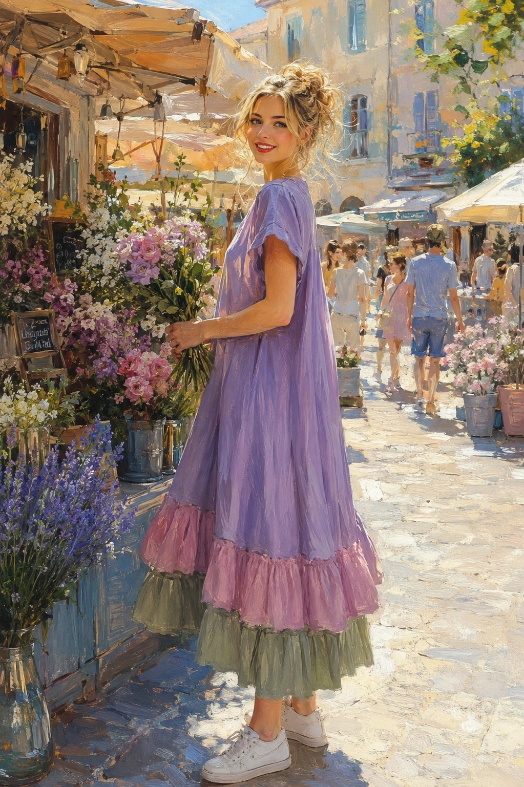 Mujer rubia comprando flores en un puesto callejero de verano