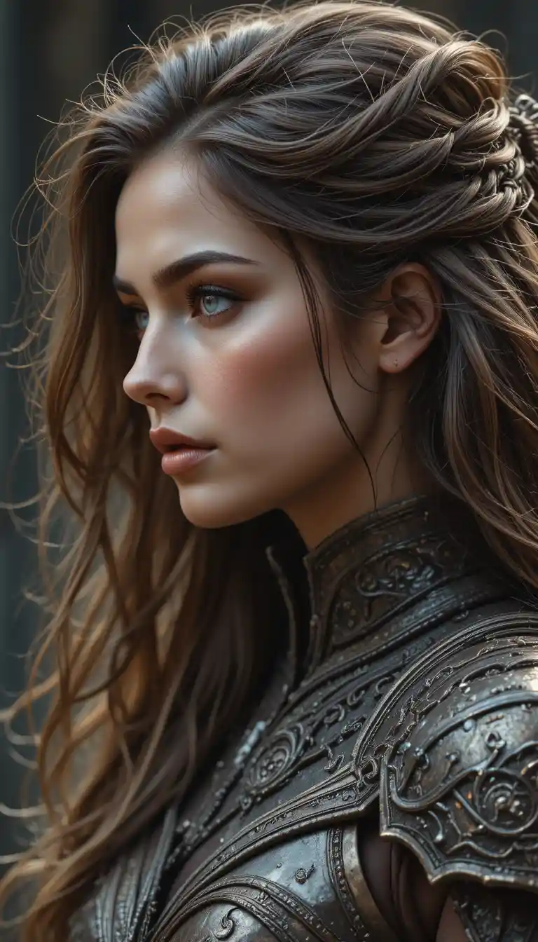 Retrato de perfil de una guerrera de cabello castaño