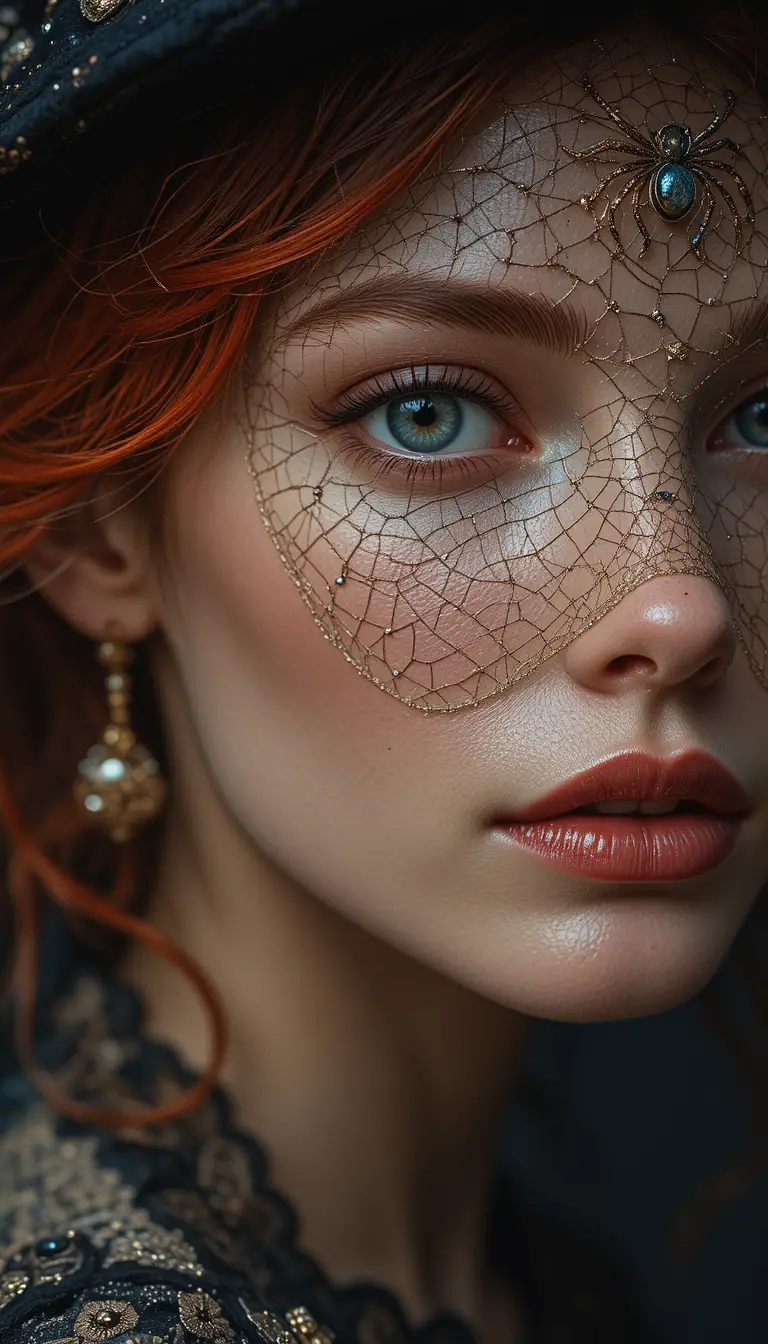 Retrato de mujer pelirroja con sombrero y broche de araña