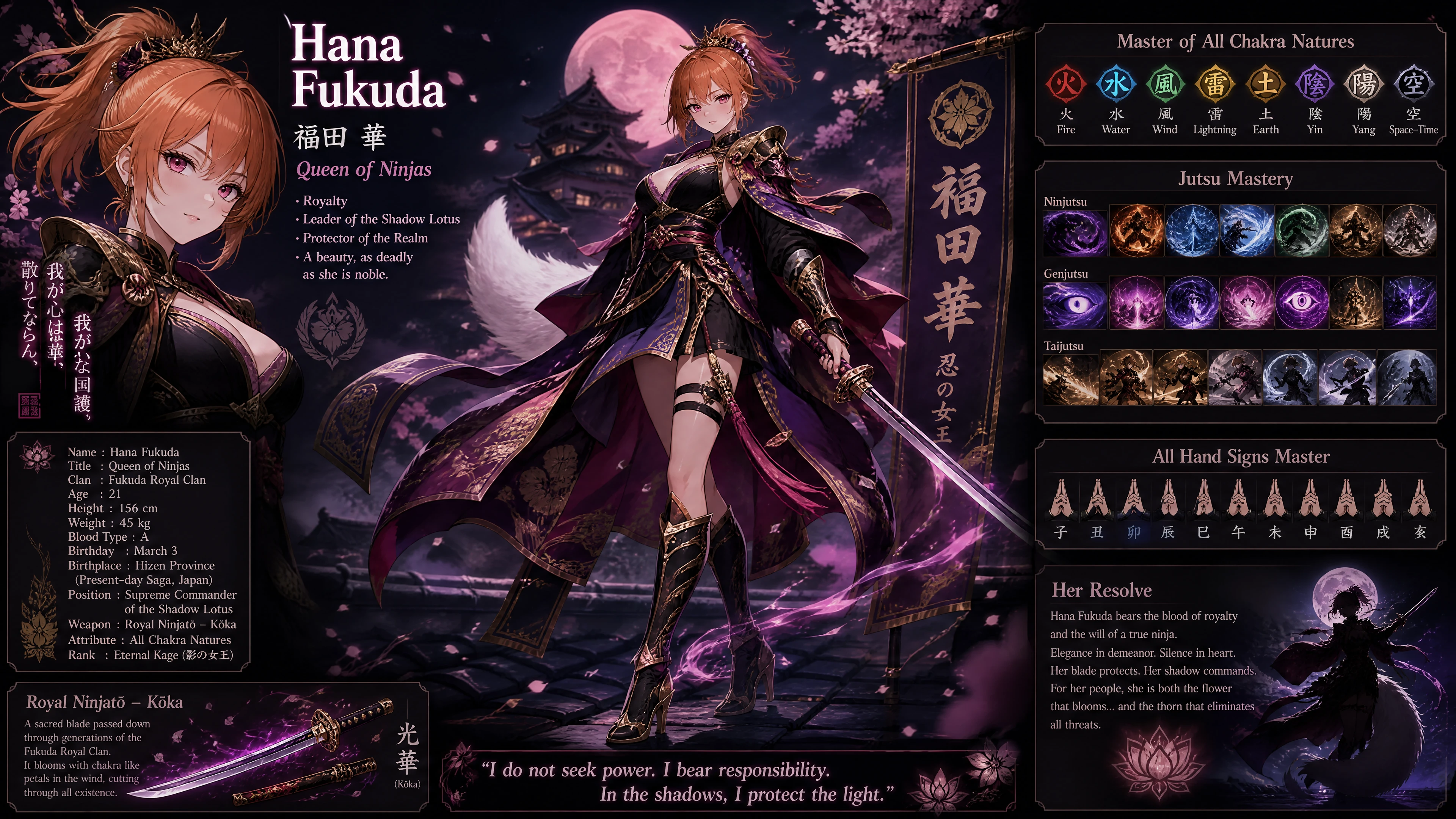 Elegante regina ninja con coda di volpe bianca e spada