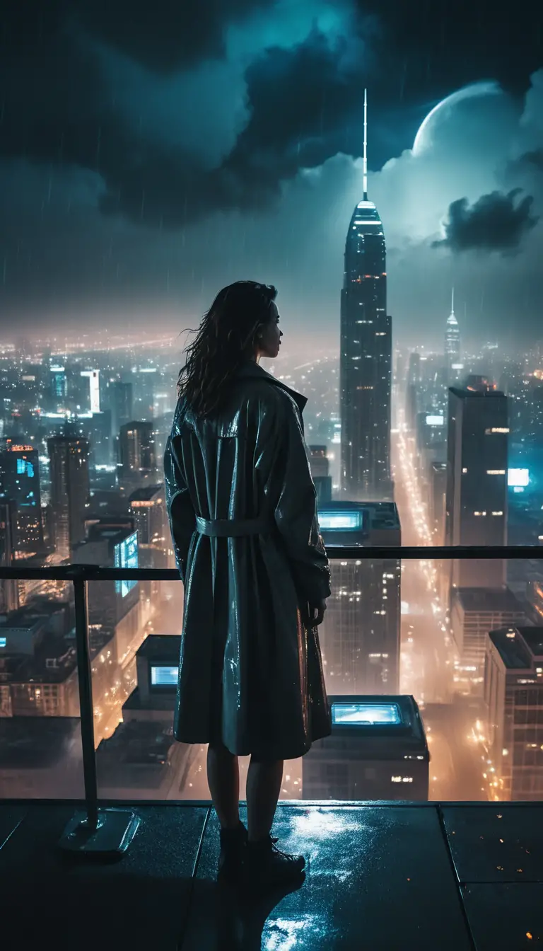 Mujer en la azotea de un rascacielos sobre ciudad futurista de neón