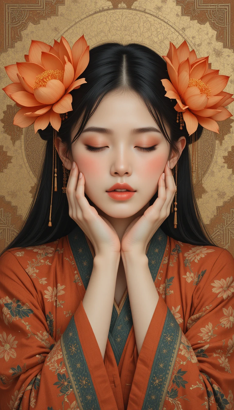 Mujer serena enmarcada por flores de loto naranjas estilizadas