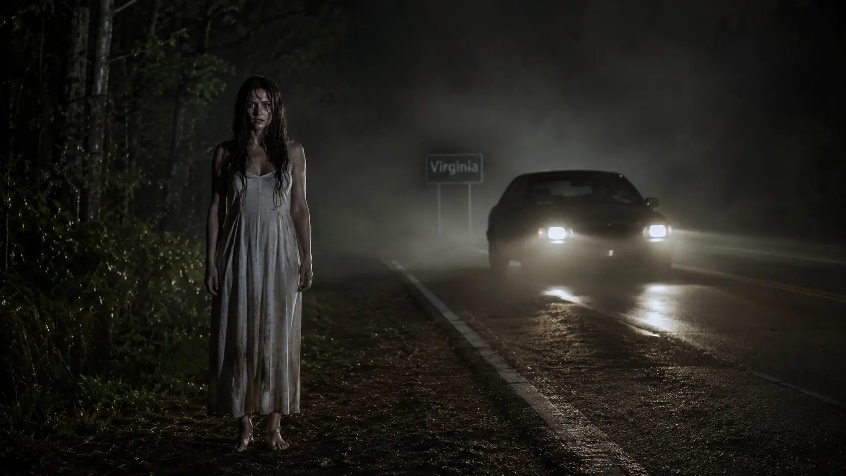 Joven con vestido blanco en una autopista con niebla de noche
