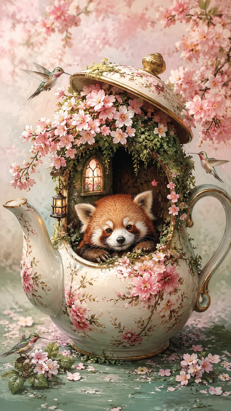 Roter Panda in einer Teekannengarten-Oase mit Blüten