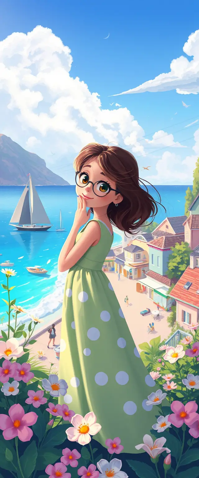 Pintoresco Pueblo Costero en Tonos Pastel con Estilo Inspirado en Pixar