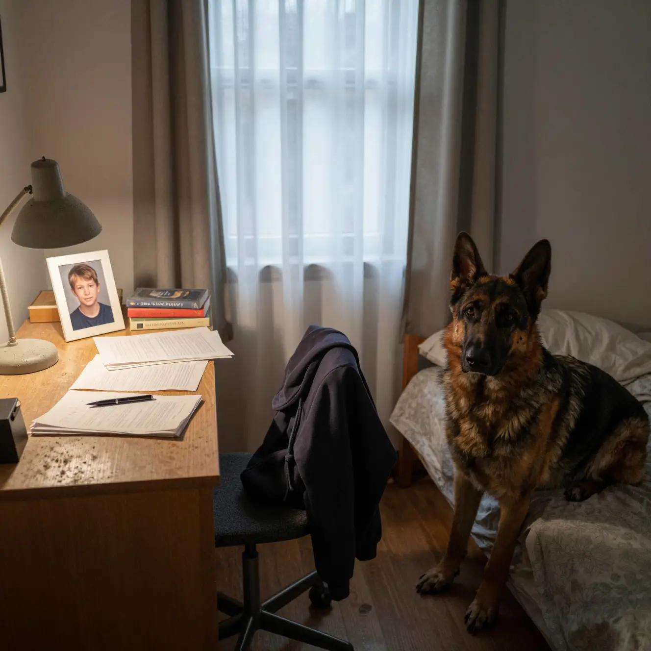 Pastor-alemão em uma cama em um quarto empoeirado e sombrio