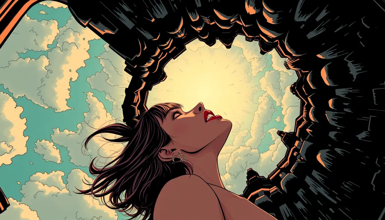 Mujer surrealista en un oscuro universo pop macabro de cómic