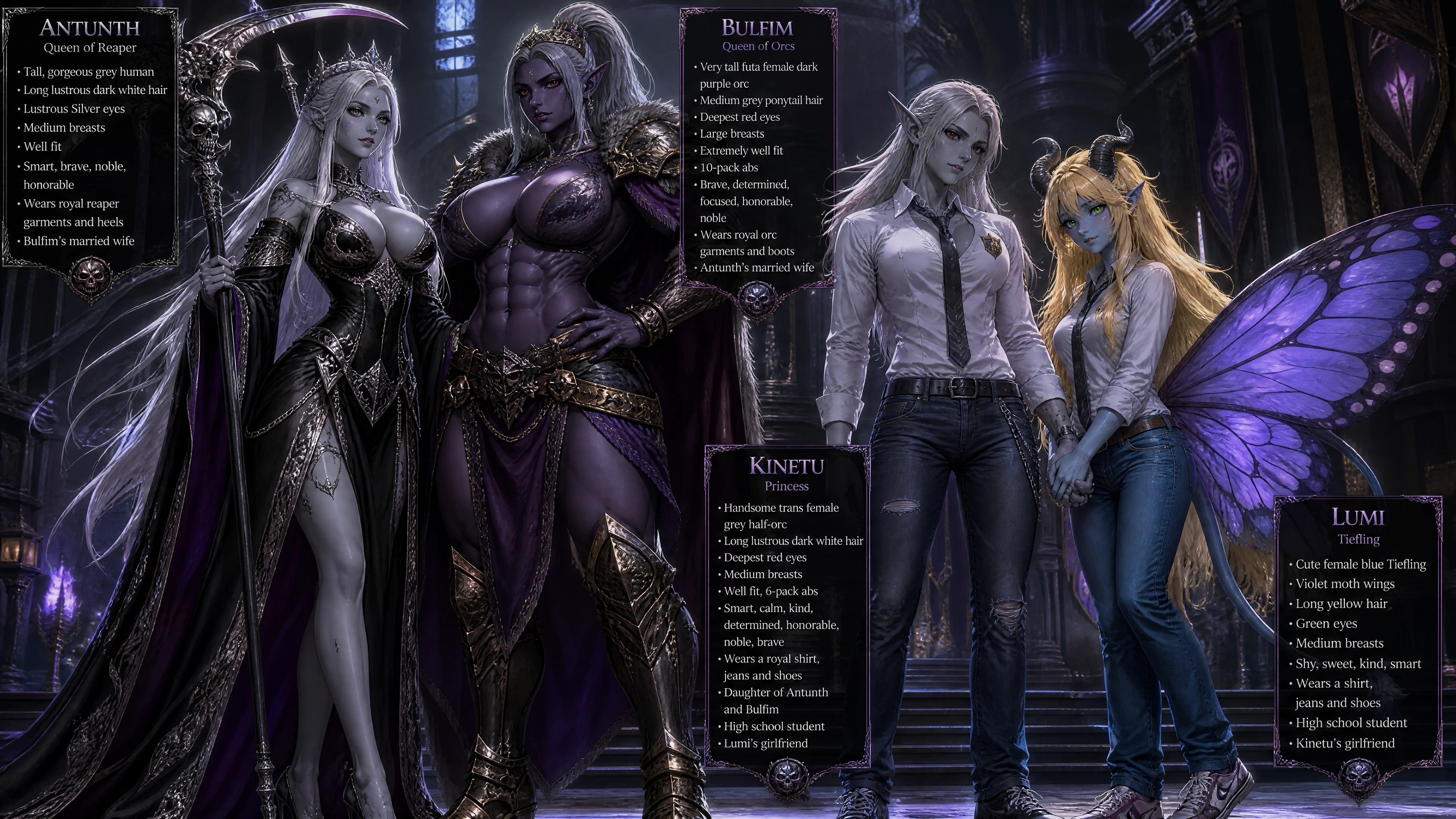 Regia reina segadora con largo cabello blanco y ojos plateados