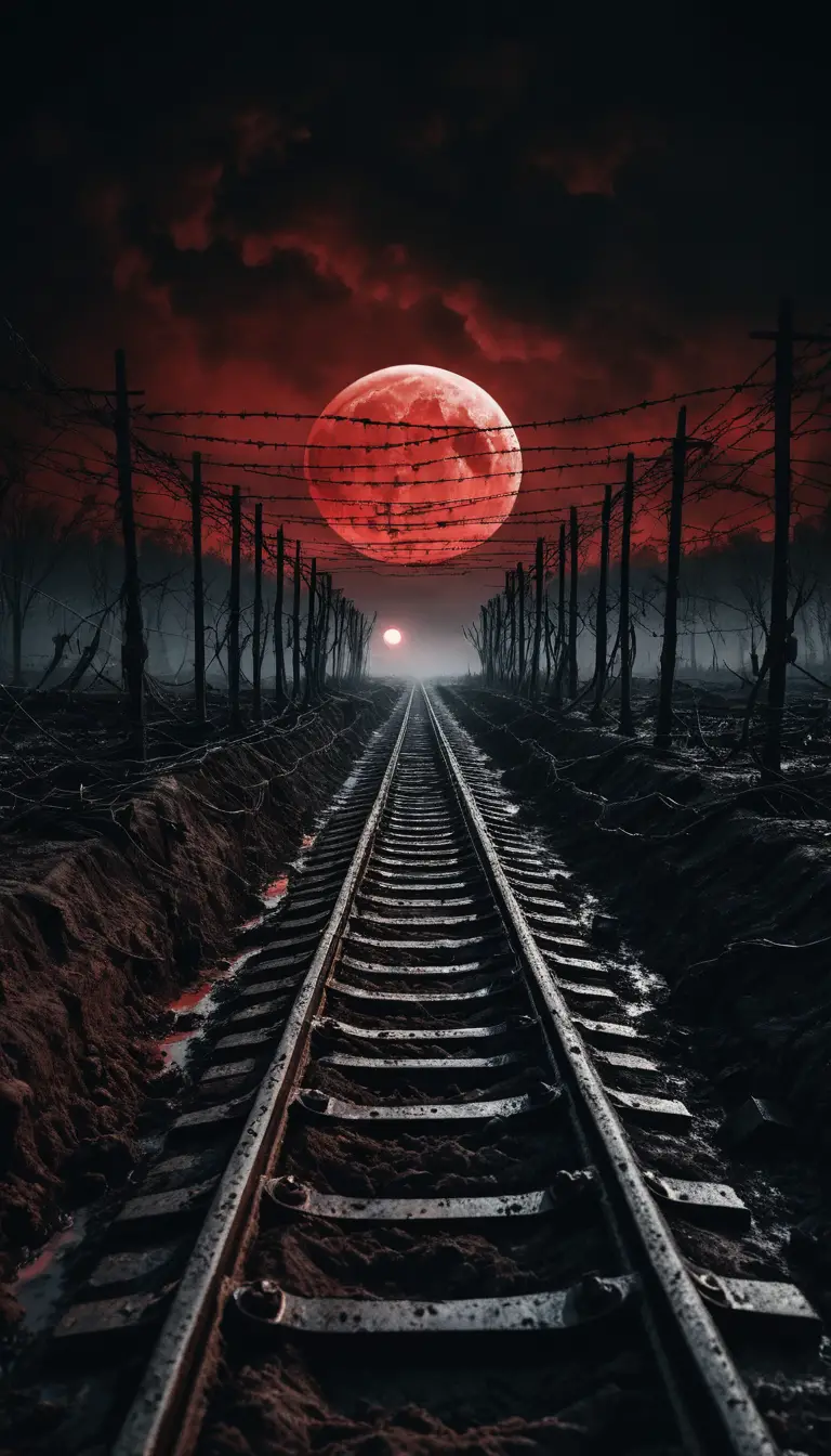 Luna rojo sangre sobre un campo de batalla de trincheras en ruinas