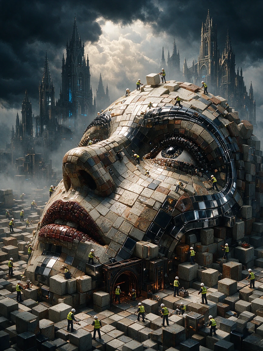 Surreal female face built from tiny colorful cubes