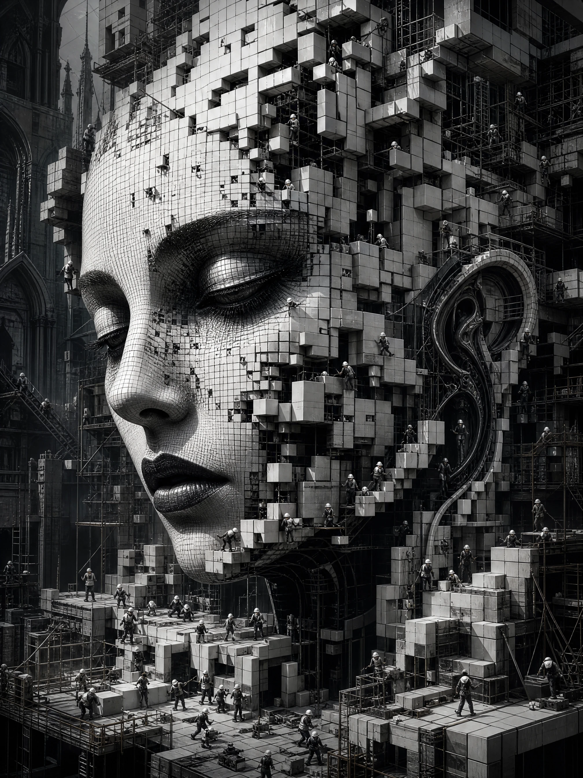 Surreal cubic female face built by tiny workers