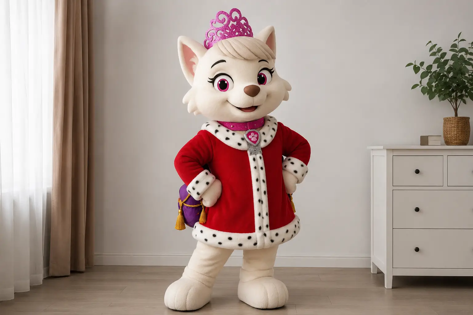 Dog mascot princess standing in a wide camera frame