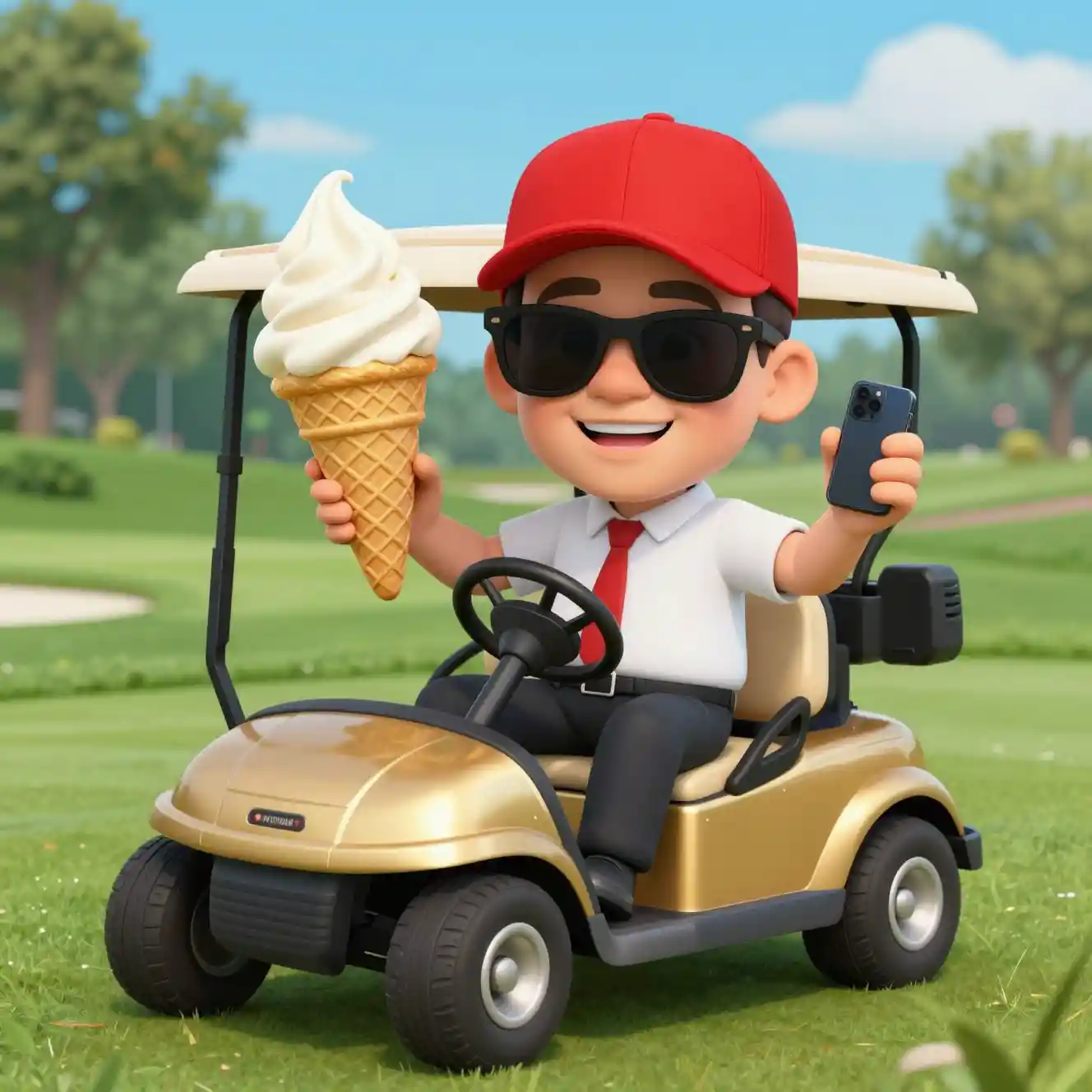 Politicien cartoon avec des lunettes de soleil conduisant une voiturette de golf dorée