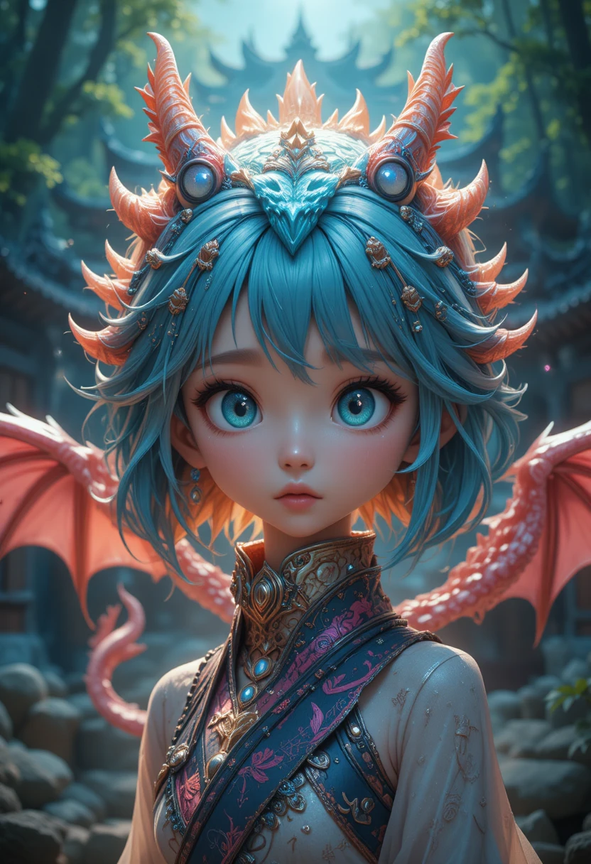 在戲劇感森林神社前直面巨龍的動漫少女