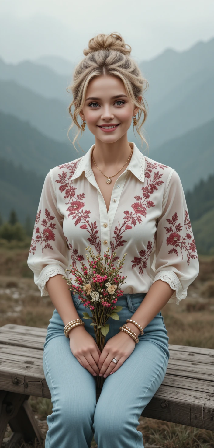 Mujer rubia sonriente en un banco en paisaje montañoso con niebla