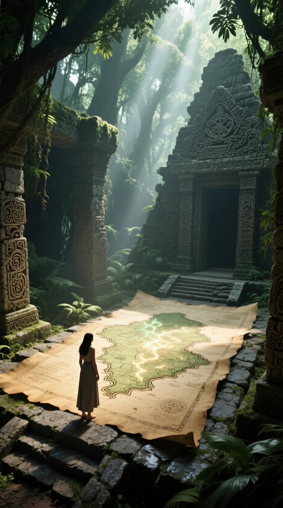 Mujer estudiando un antiguo mapa brillante en un templo de la jungla