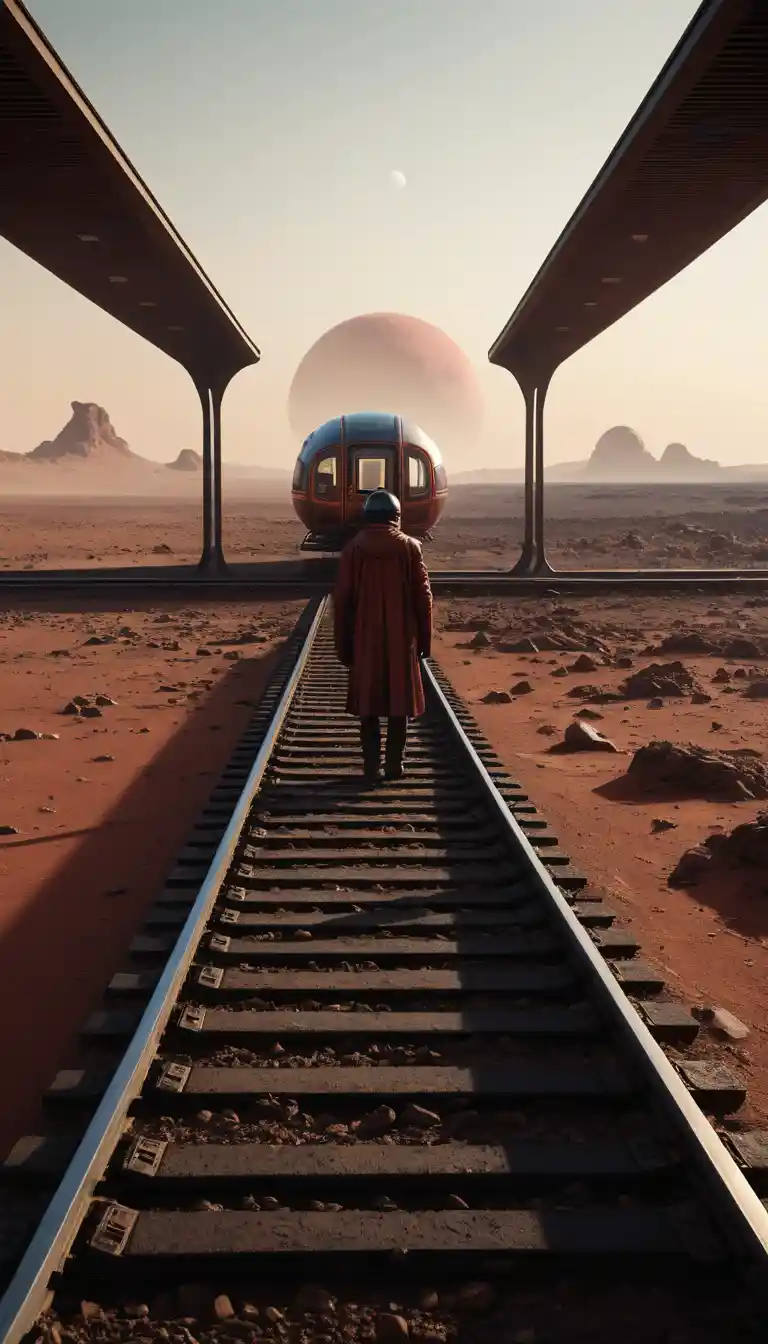 Lone passenger at a futuristic Mars train station at night