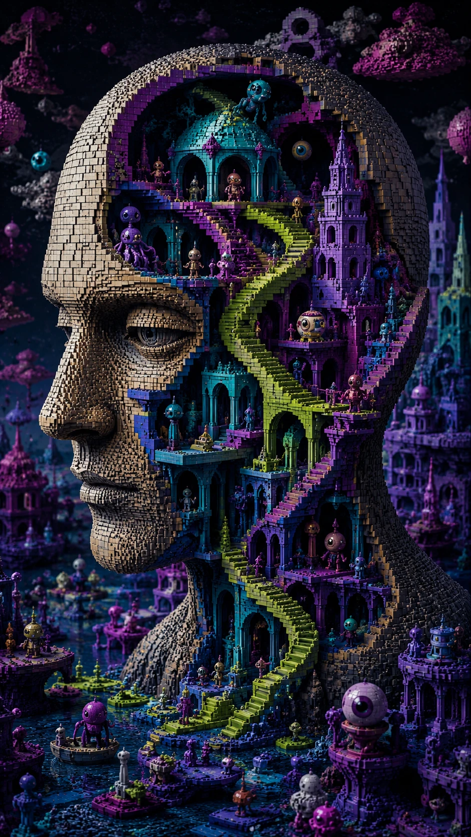 Cabeza humana de ladrillos surrealista que se abre a un mundo laberíntico