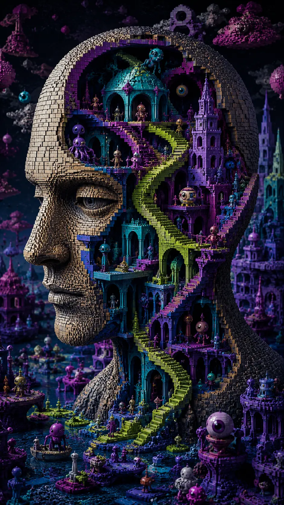 Surrealer Menschenkopf aus Ziegeln öffnet sich in eine labyrinthartige Welt