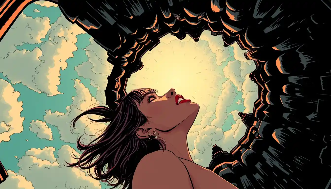 Surreale Frau in einem dunklen, makabren Comic-Pop-Universum