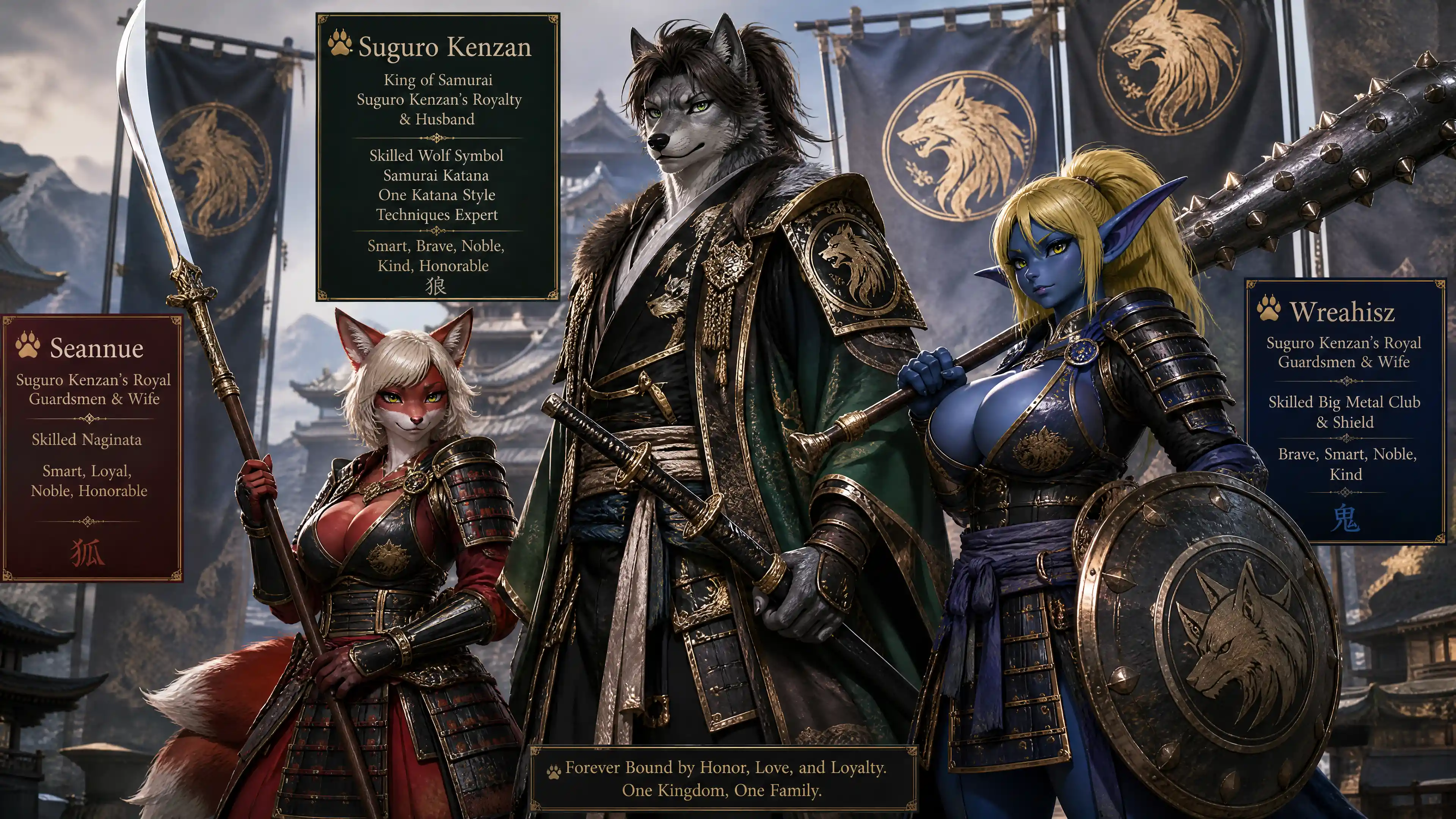Noble samurai wolf king with royal armor and katana