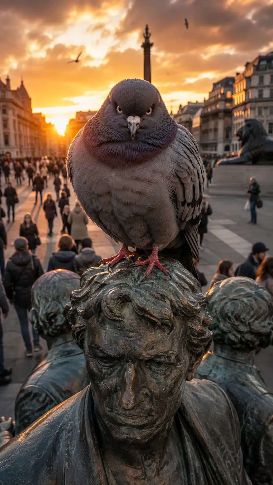 Paloma Gruñona en Estatua de la Ciudad al Atardecer Dramático