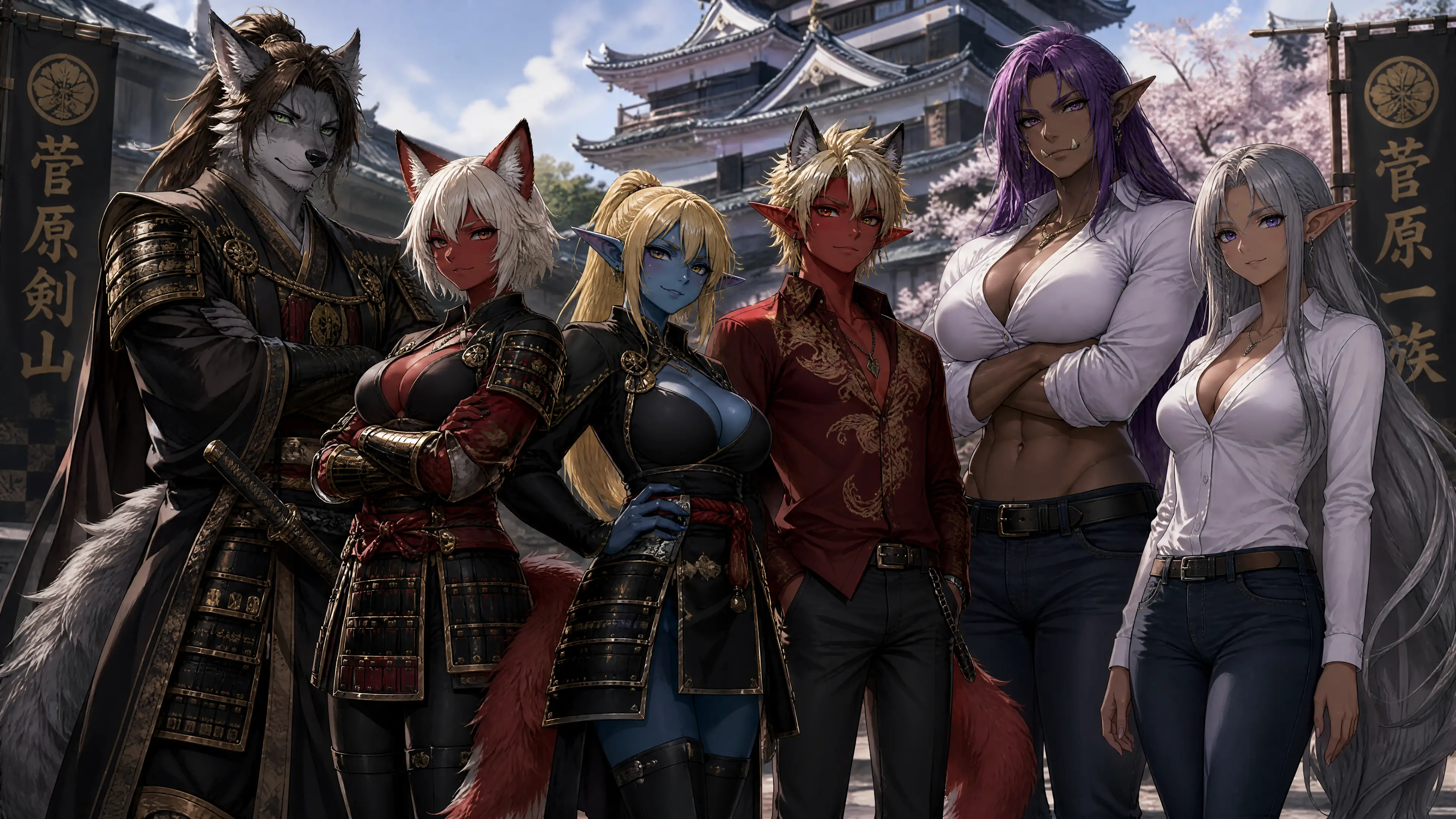 王者の風格をまとう日本の甲冑を着た擬人化オオカミ侍王